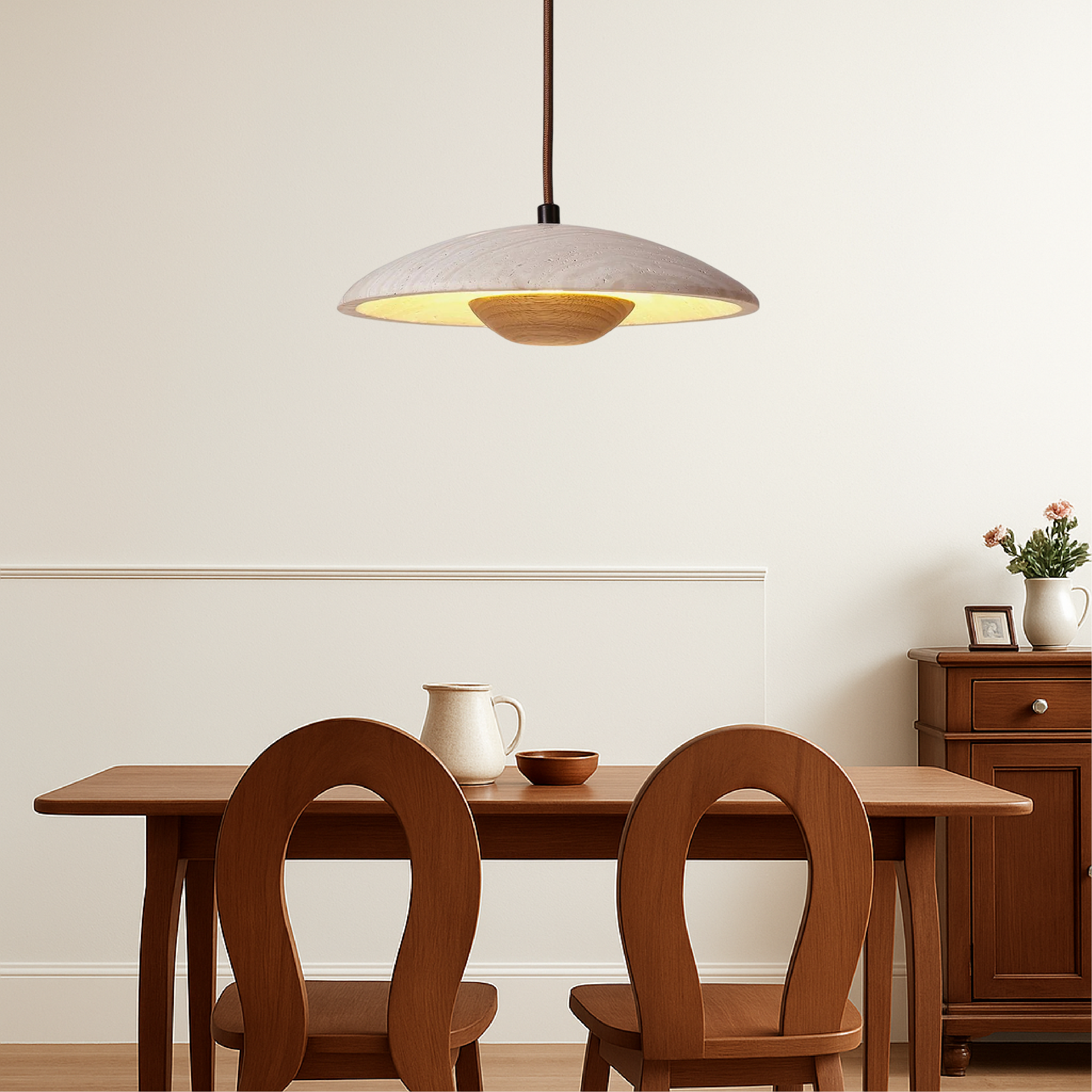Rena Travertine and Wood Dome Pendant Light for Dining Rooms