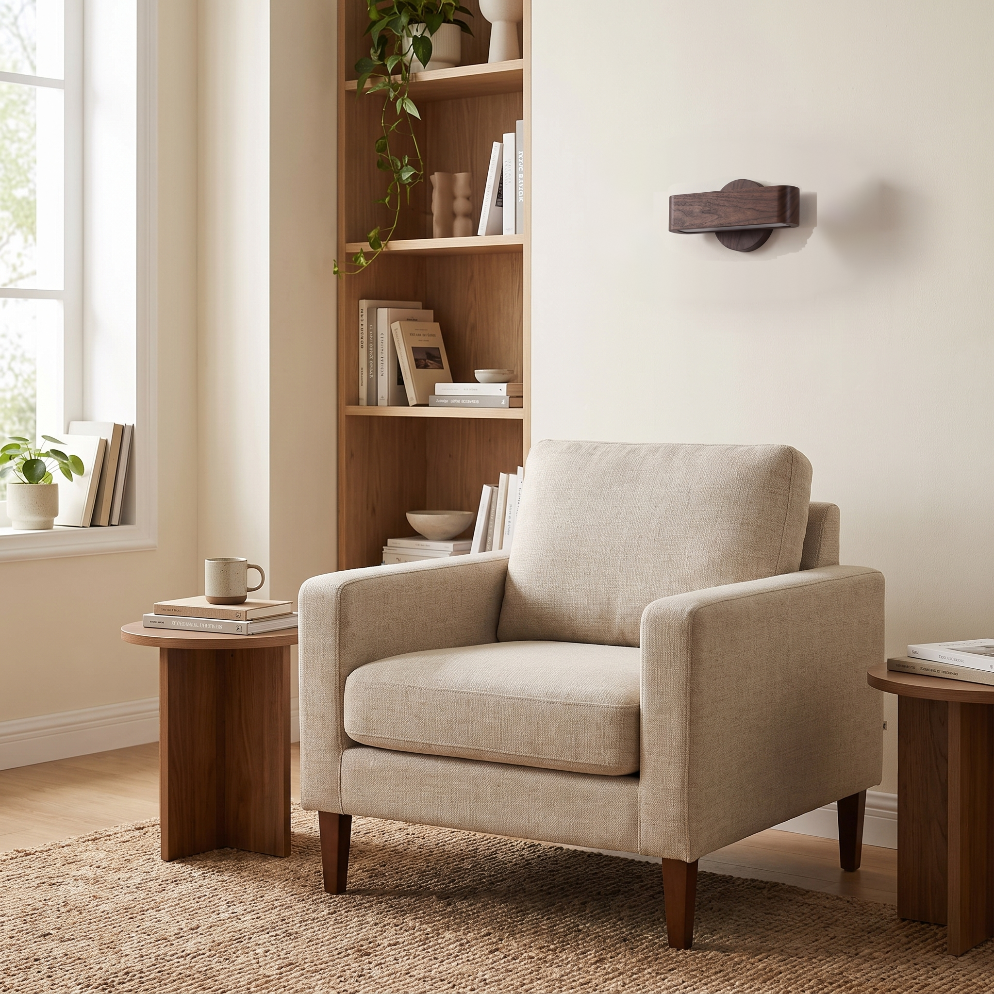 Kaede rotating walnut wall lamp in a styled room, wide view