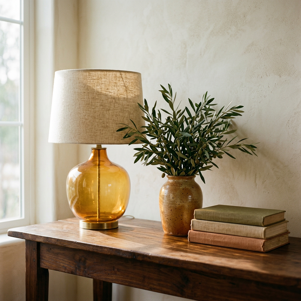 Brisvale amber table lamp on walnut console