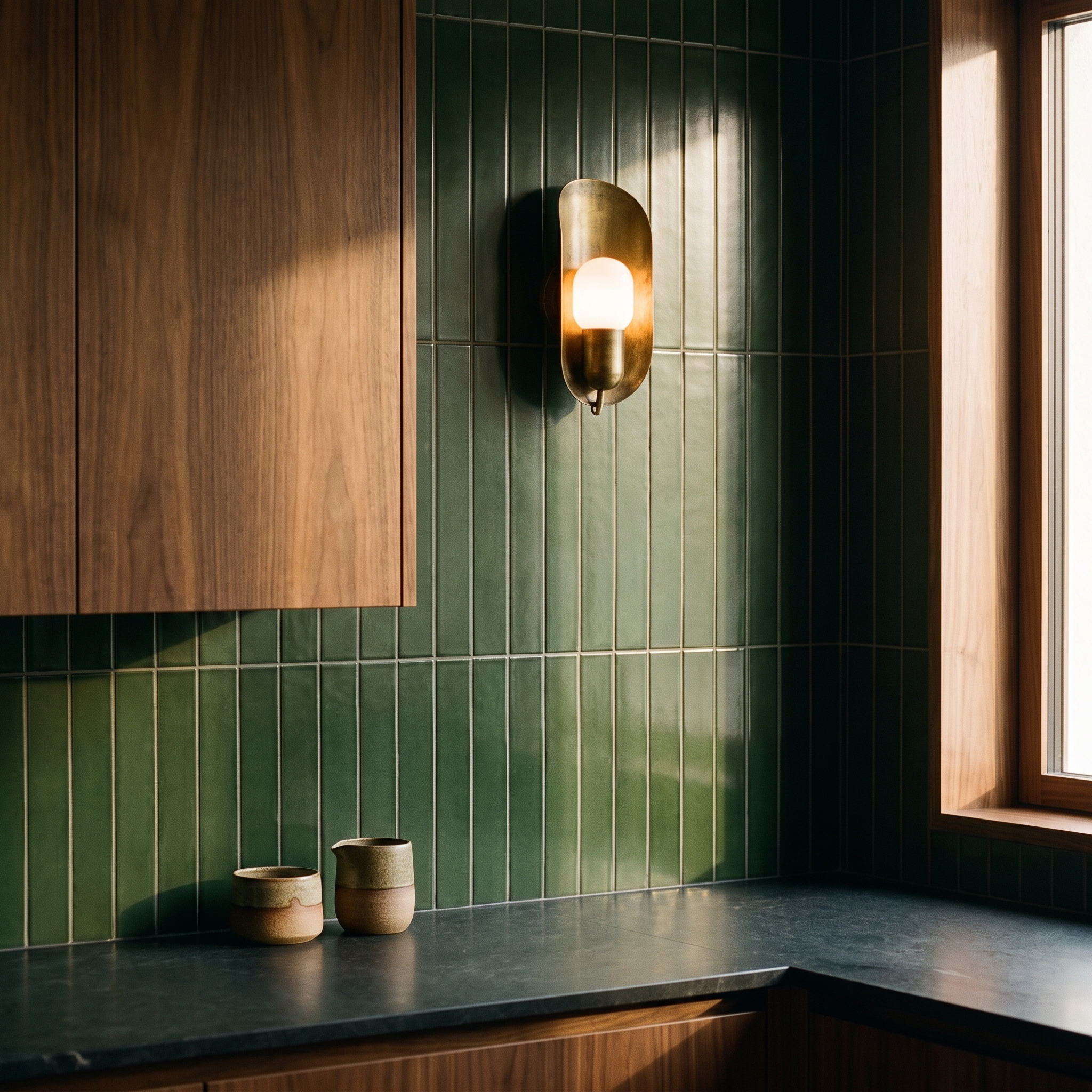 Brisvale brass sconce on green tile