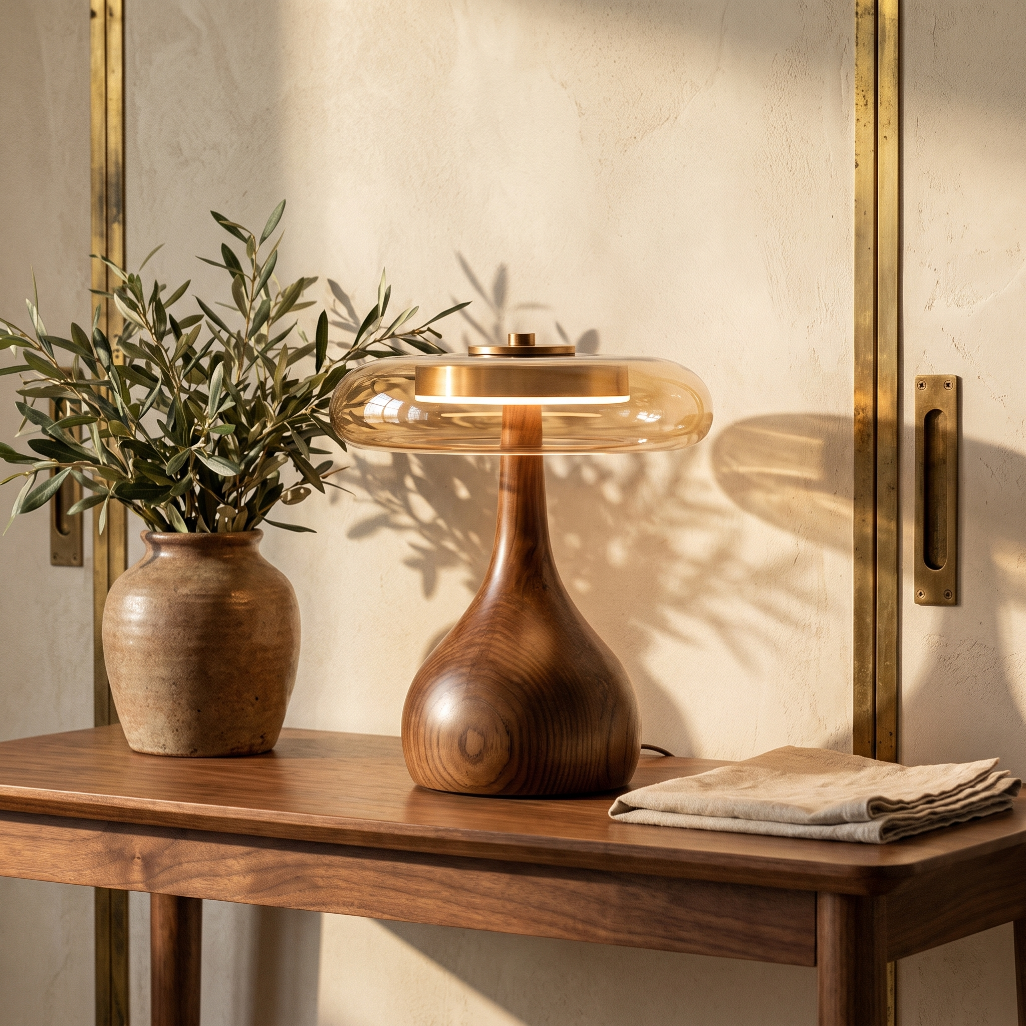 Sienna lamp on a walnut console with olive branches