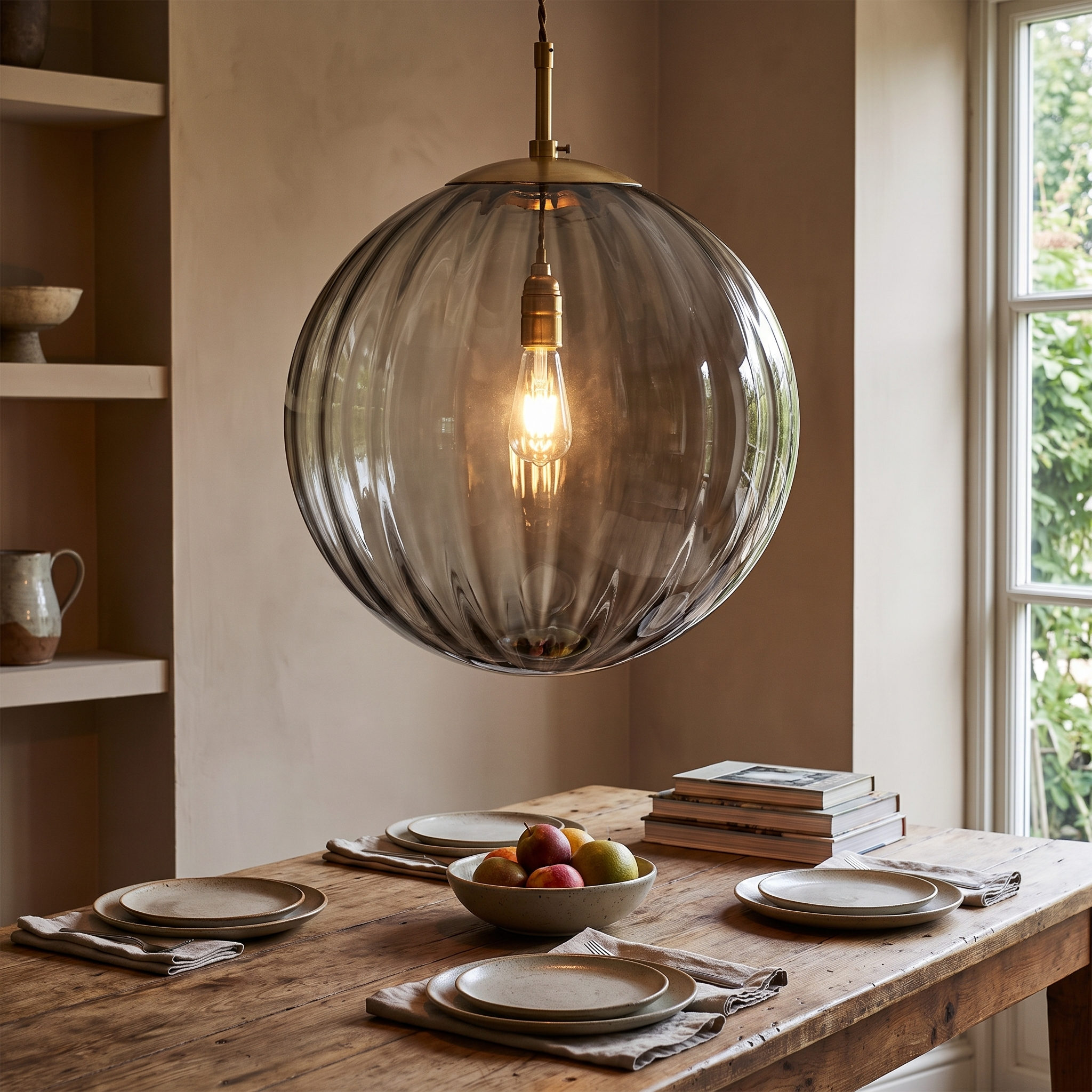 Orbea Ribbed Glass Globe Pendant Light
