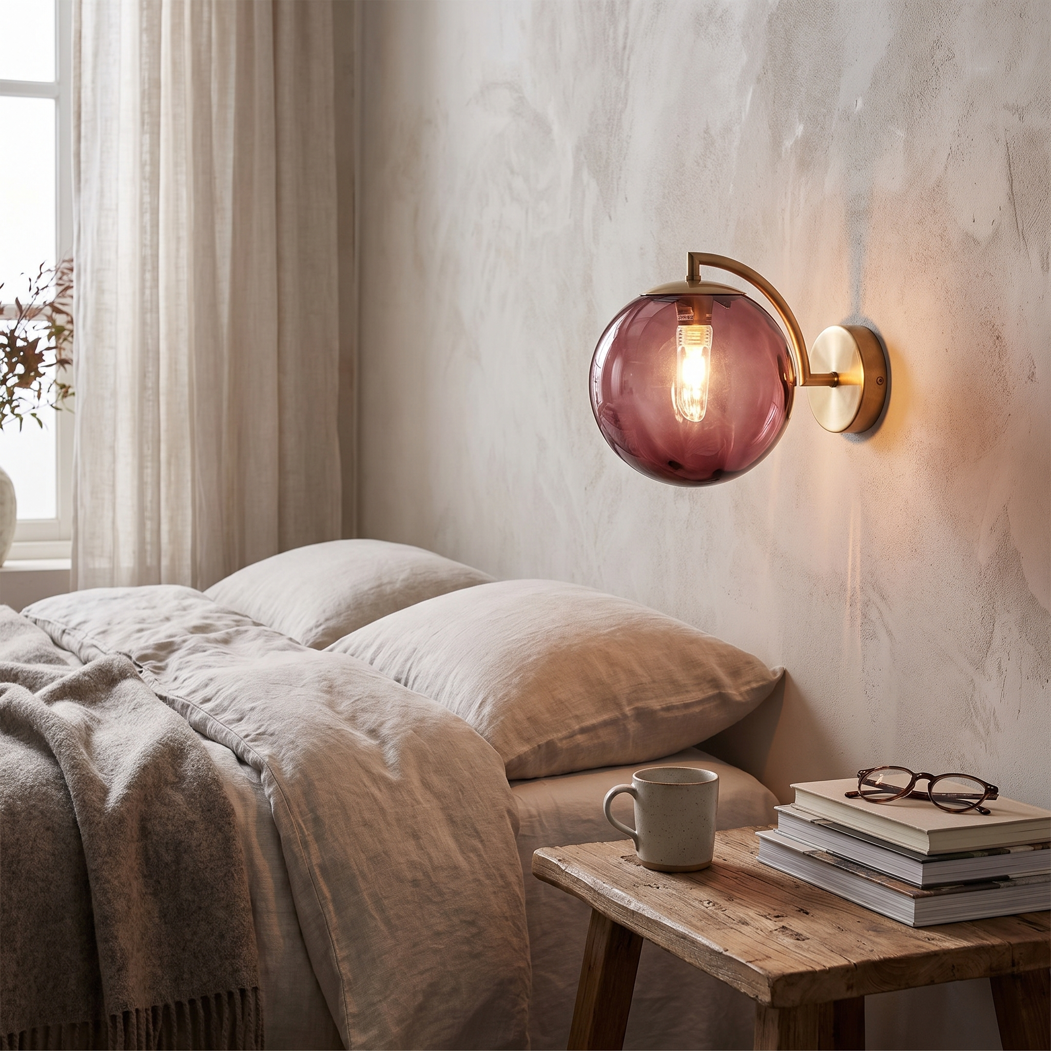 Brass and Tinted Glass Globe Wall Sconce