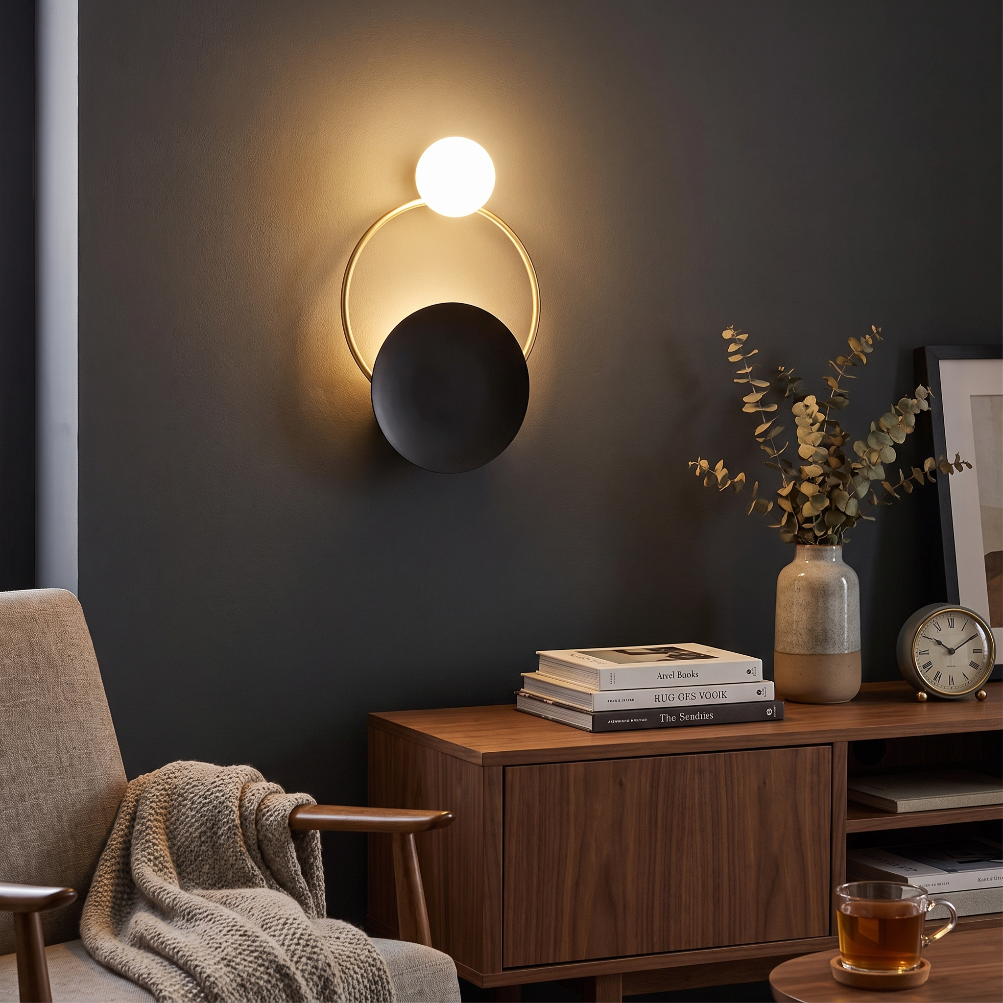 Halo Glass Globe and Gold Ring Wall Lamp for Bedrooms