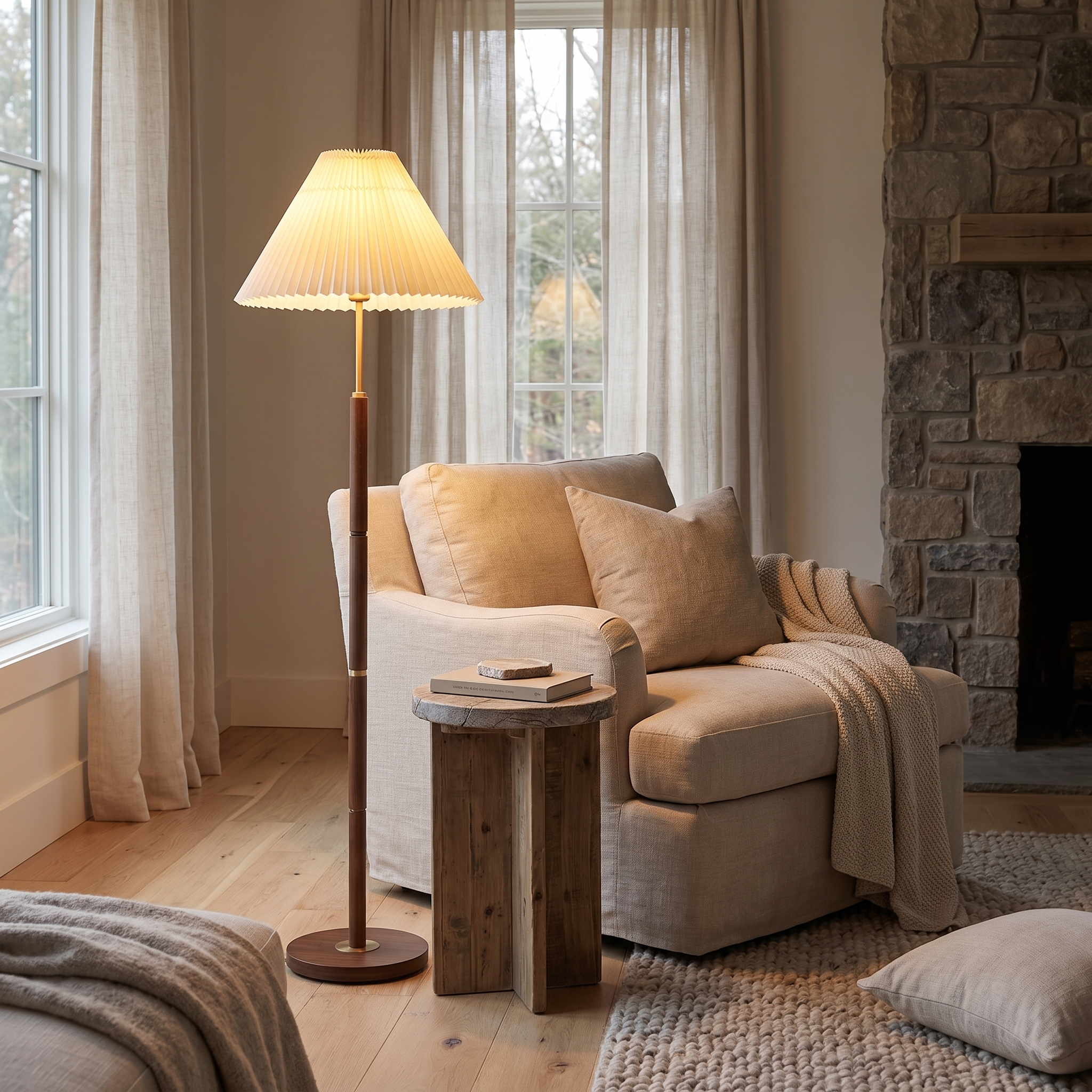 Pleatvale Walnut Metal Floor Lamp with Pleated Shade