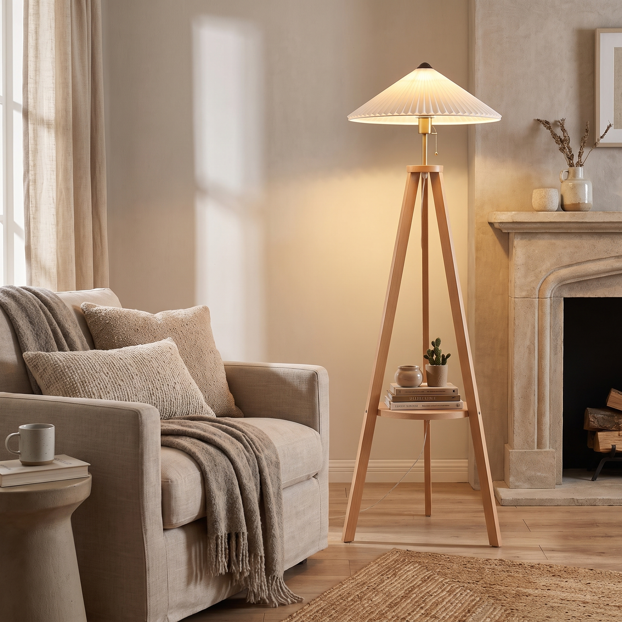 Pleatpod Pleated Cone Wooden Tripod Floor Lamp with Shelf