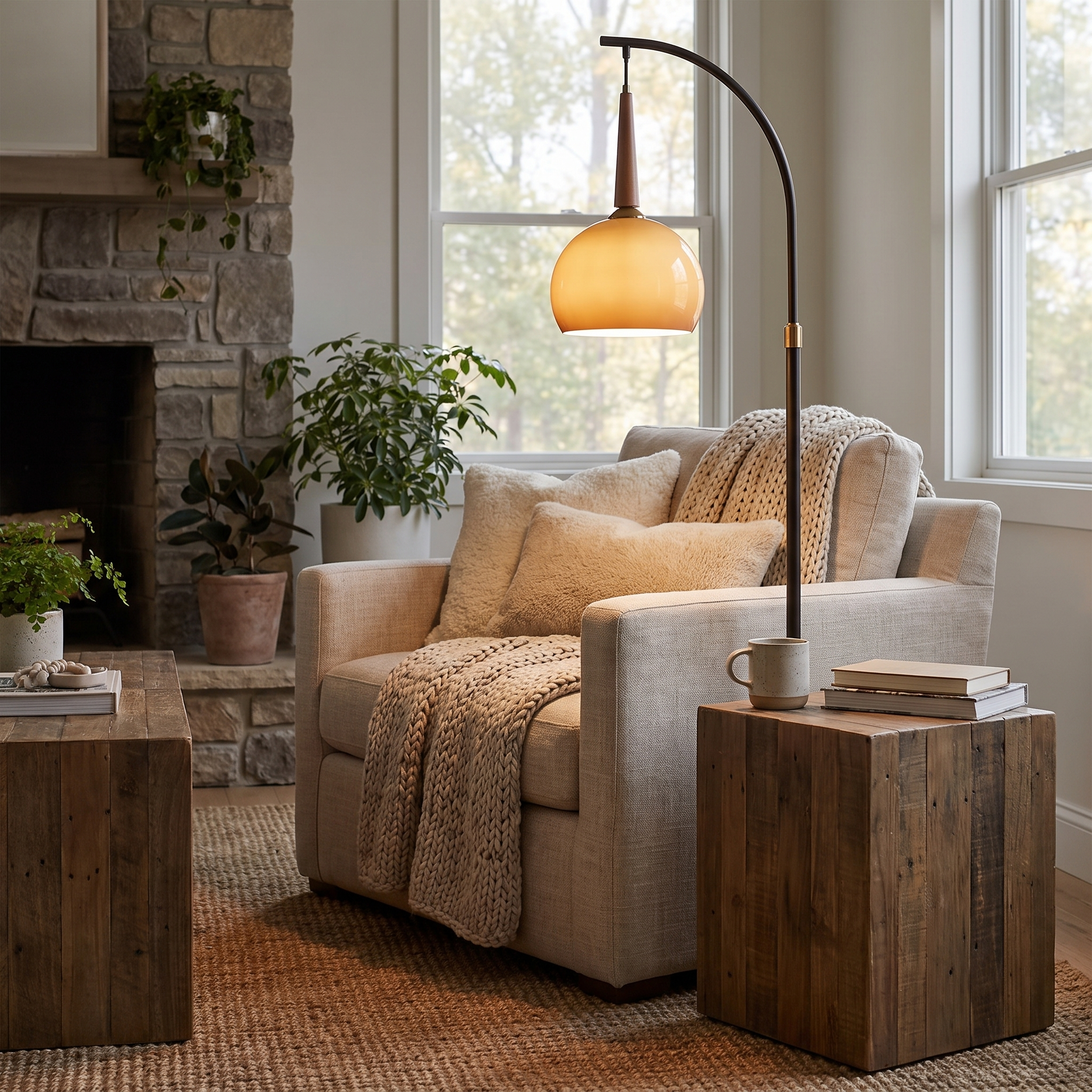 Caramella Adjustable Arc Floor Lamp with Caramel Glass Bowl Shade
